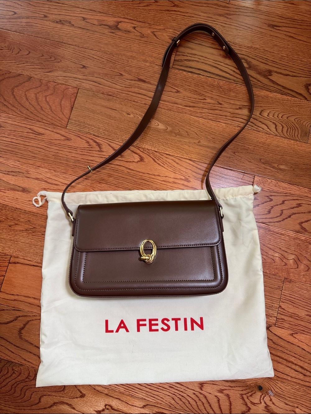 LA FESTIN Brown Leather Crossbody Bag with Gold Accent